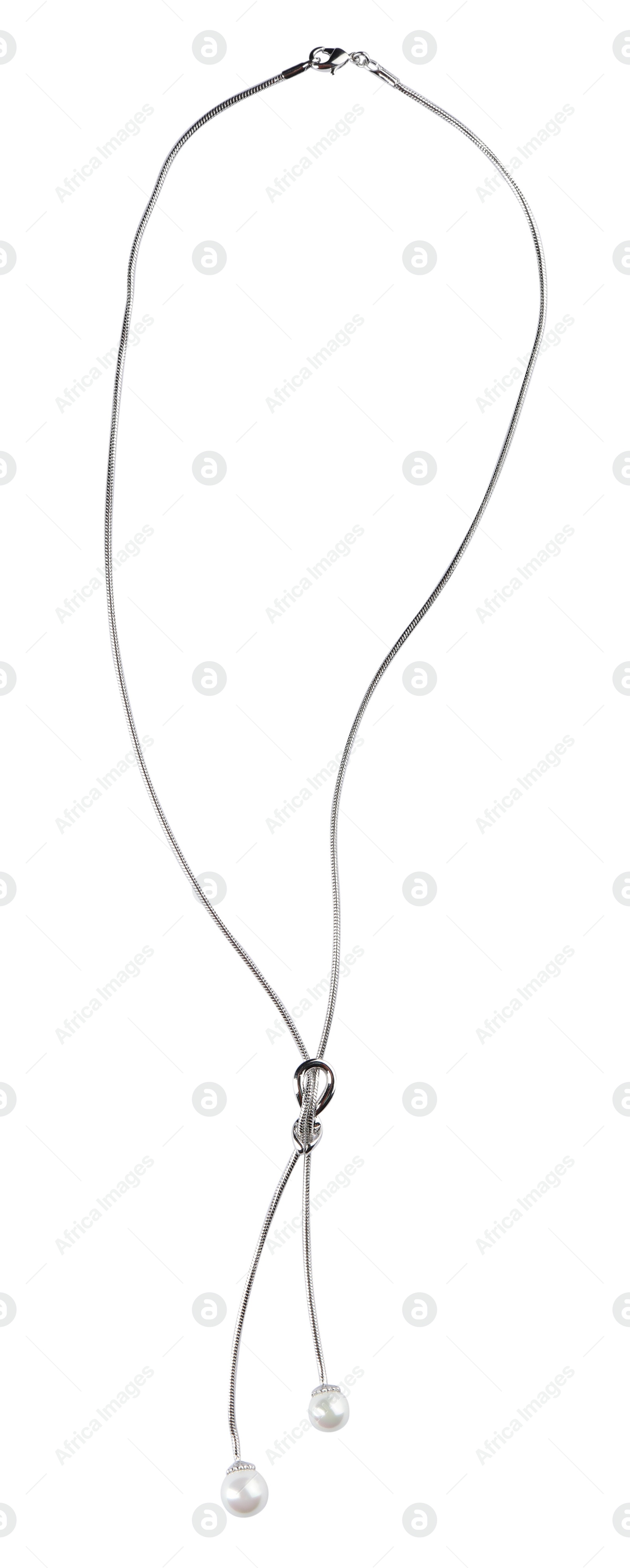 Photo of Elegant silver necklace with pearls isolated on white, top view