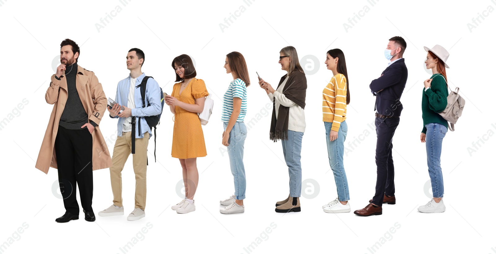 Image of People waiting in queue on white background