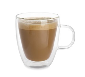 Glass cup of aromatic coffee with milk isolated on white