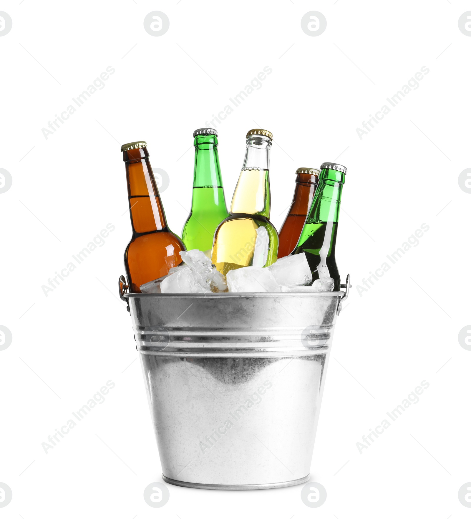 Photo of Bottles with different types of beer and ice in metal bucket on white background