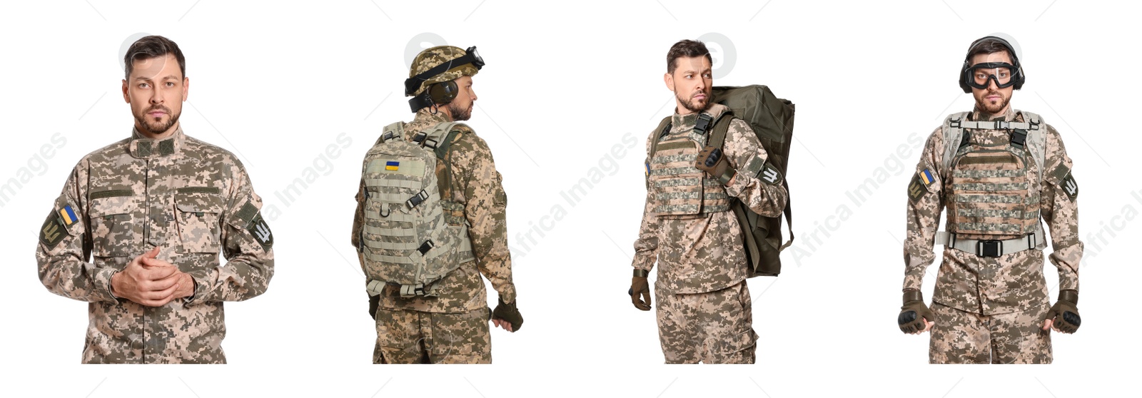 Image of Collage with photos of Ukrainian soldier wearing military uniform on white background. Banner design