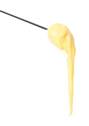 Tasty fondue. Fork with piece of ham and melted cheese isolated on white