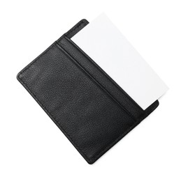 Photo of Leather business card holder with blank card isolated on white, top view