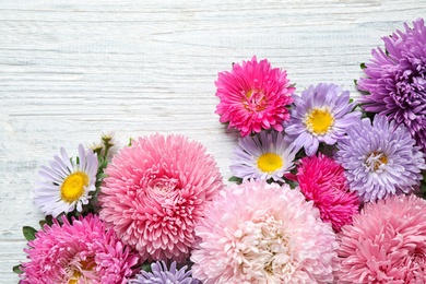 Flat lay composition with beautiful aster flowers on white wooden table. Space for text