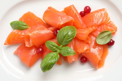 Salmon carpaccio with cranberries and basil on plate, top view