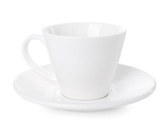 Photo of Ceramic cup with saucer isolated on white