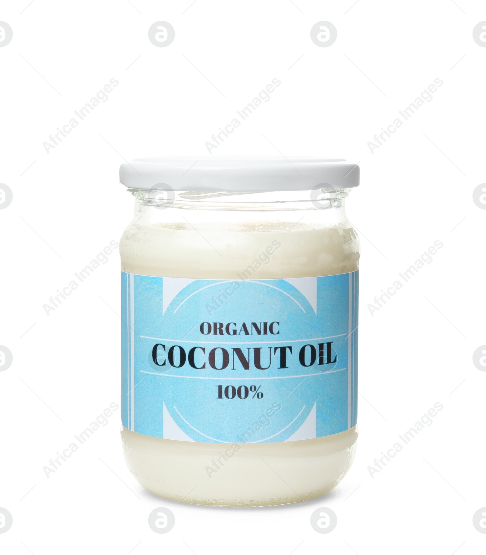 Photo of Jar with coconut oil on white background