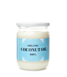 Photo of Jar with coconut oil on white background