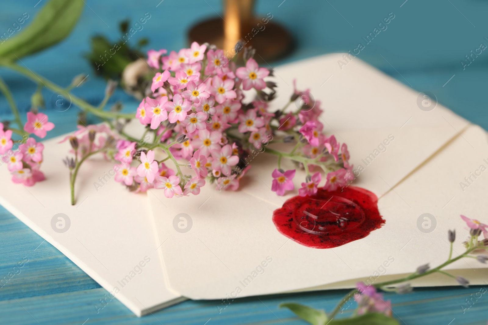 Photo of Composition with beautiful Forget-me-not flowers on light blue wooden table, closeup