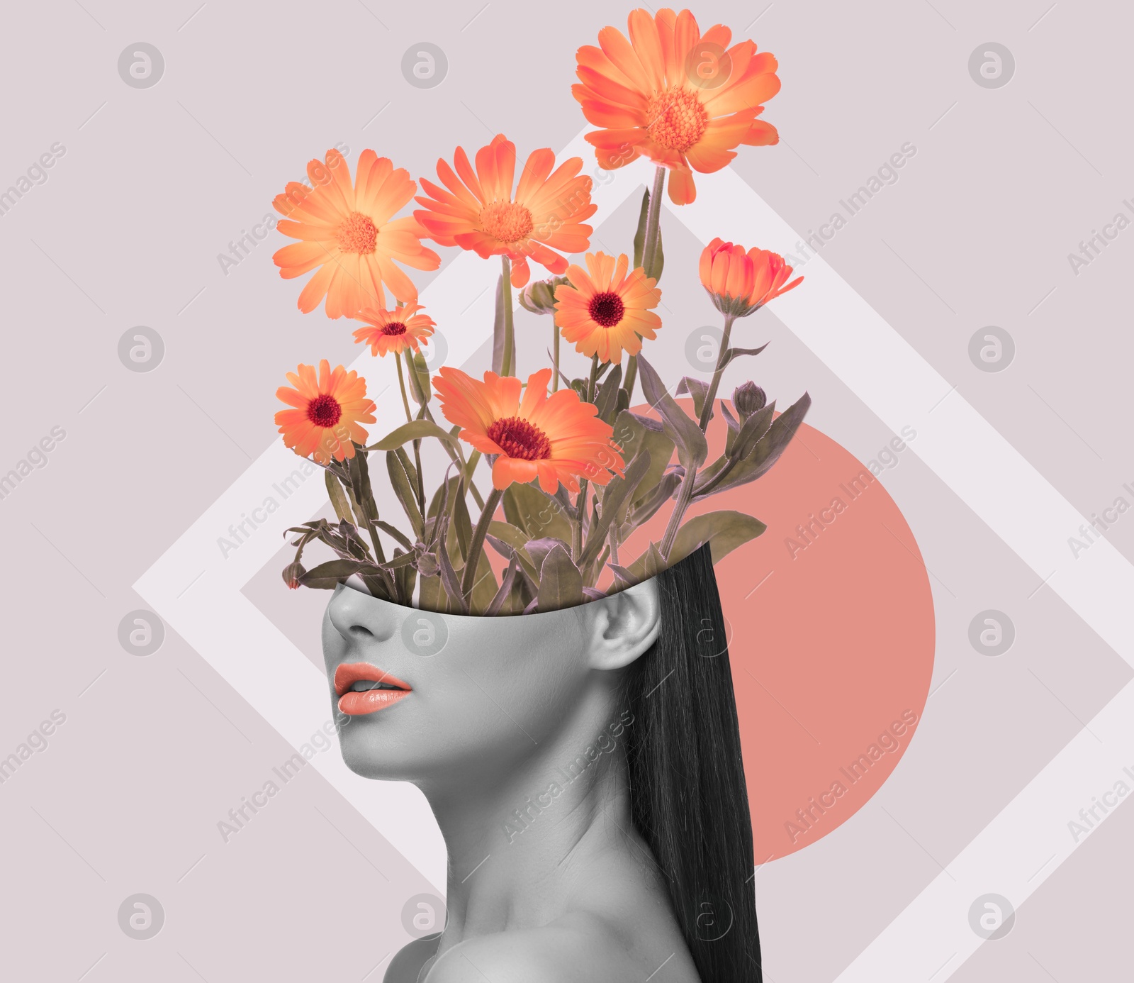 Image of Creative art collage with beautiful meadow flowers and woman on color background