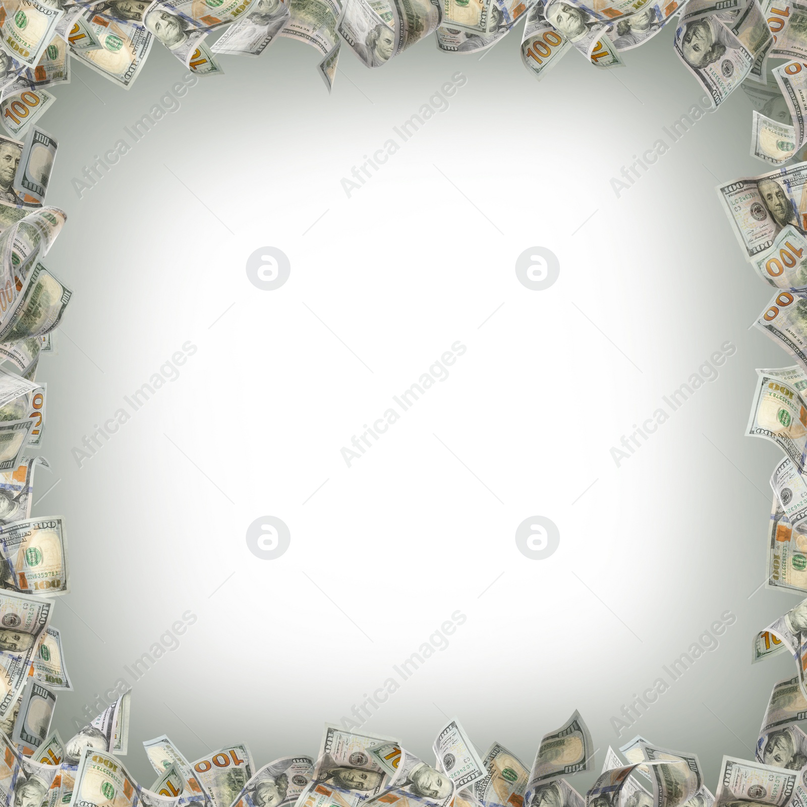 Image of Frame made of money on light grey background, space for text. Currency exchange