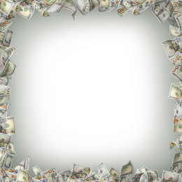 Image of Frame made of money on light grey background, space for text. Currency exchange