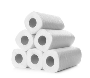 Photo of Rolls of paper towels on white background