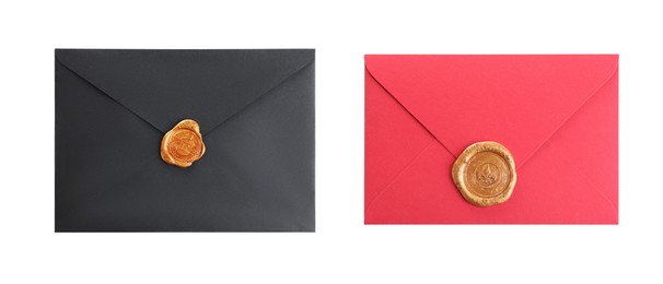 Top view of different envelopes with wax seals on white background, collage 