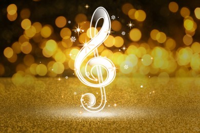 Image of Treble clef, snowflakes against dark background with blurred lights. Bokeh effect