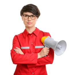 Photo of Young female doctor with megaphone on white background