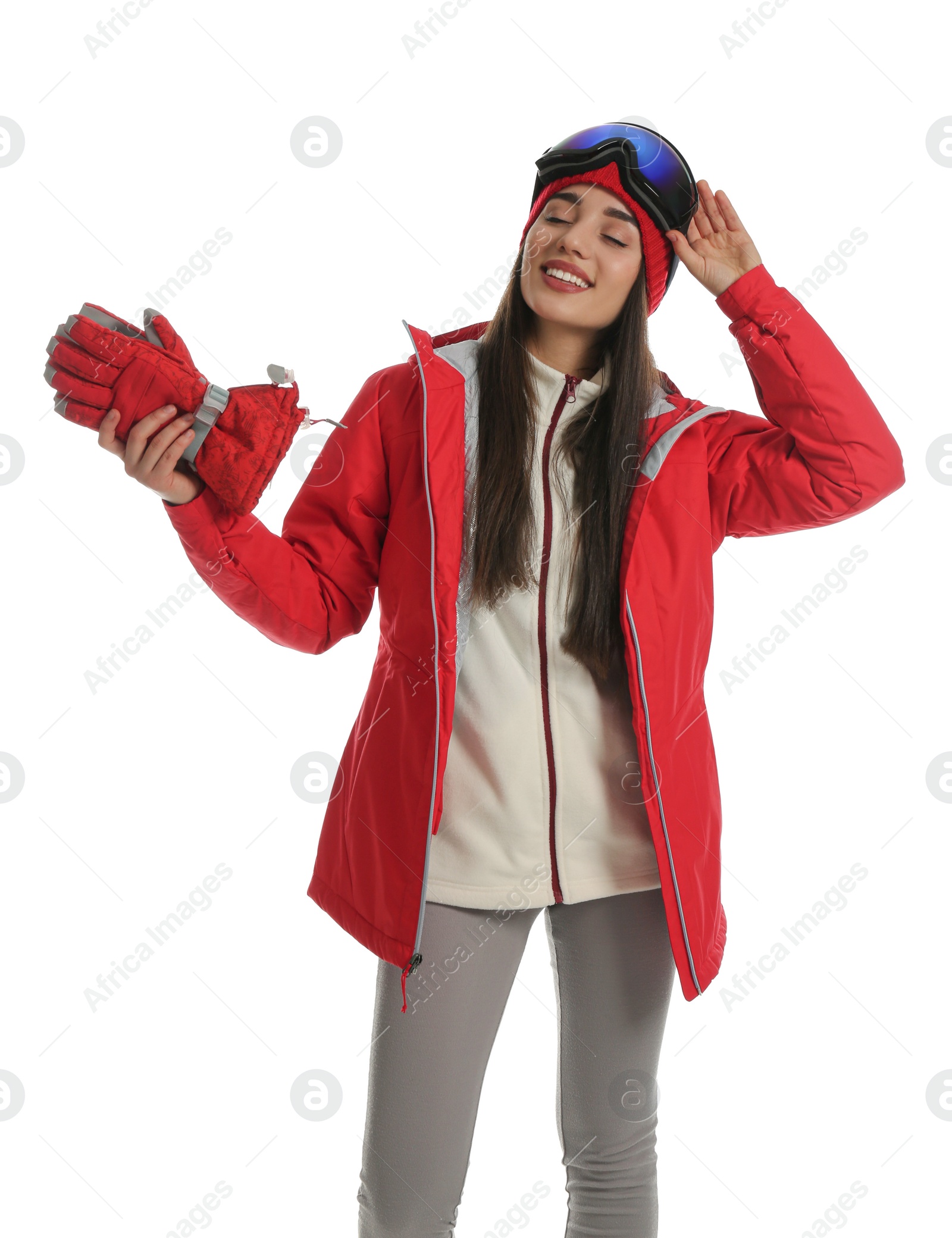 Photo of Woman wearing stylish winter sport clothes on white background