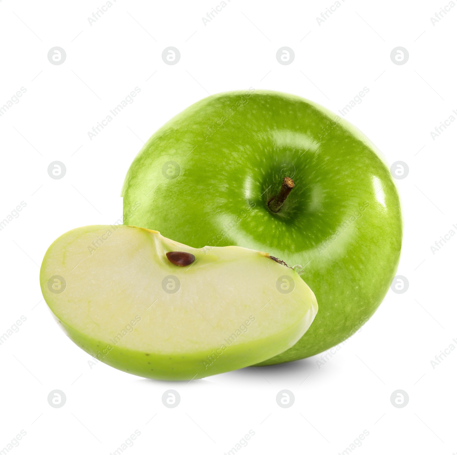 Image of Cut and whole green apples on white background