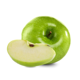 Cut and whole green apples on white background