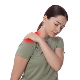 Woman suffering from rheumatism on white background