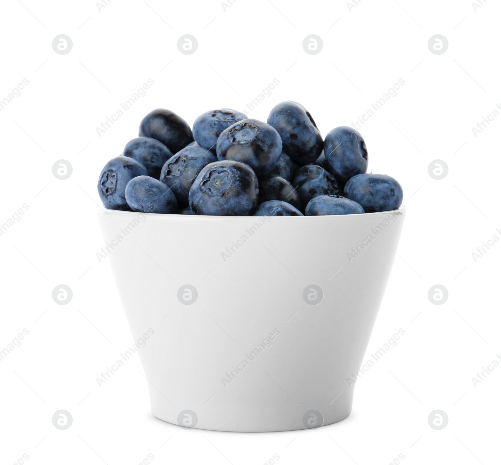 Photo of Bowl full of fresh ripe blueberries on white background