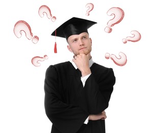Image of Choice in profession or other areas of life, concept. Making decision, thoughtful young graduate surrounded by drawn question marks on white background