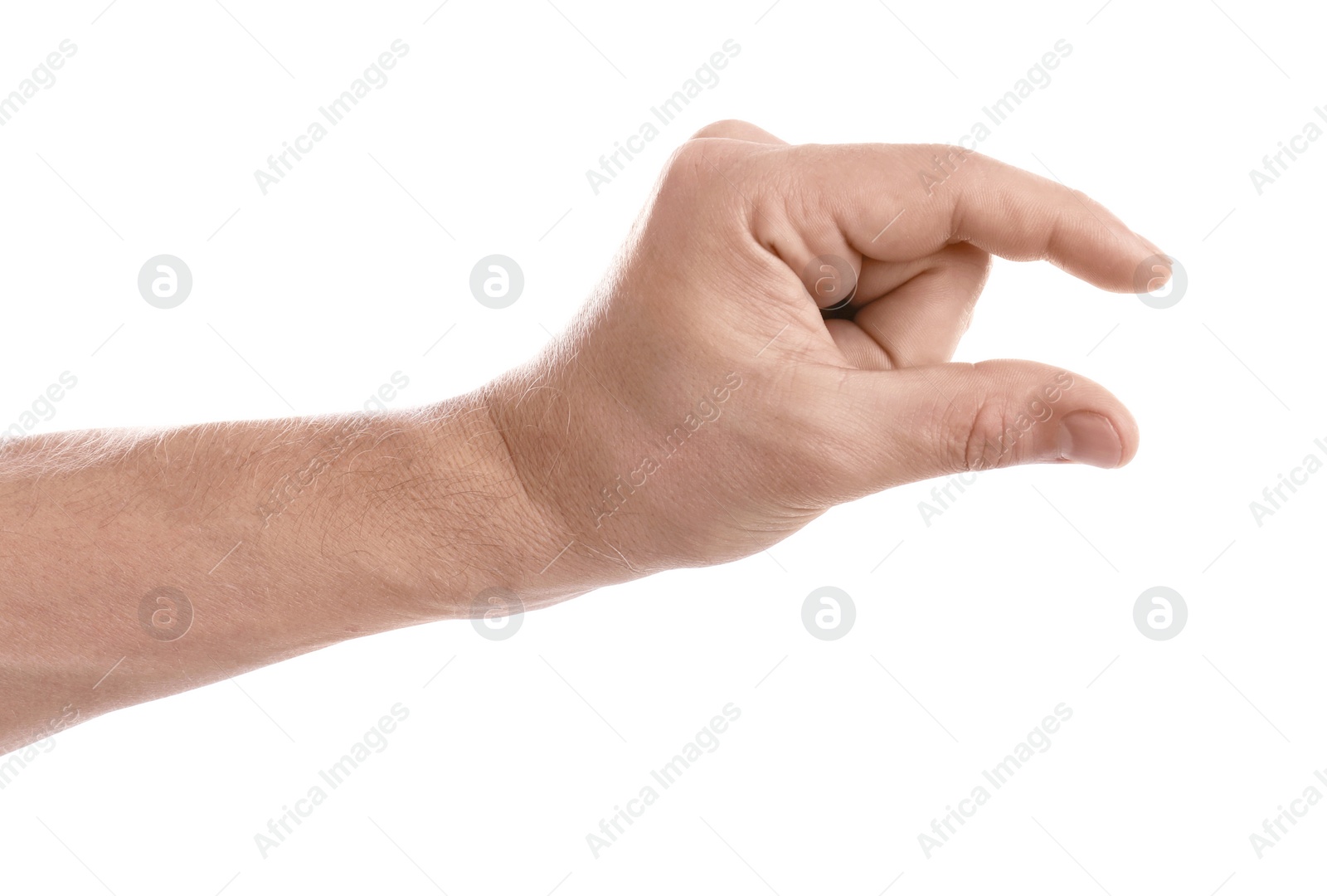 Photo of Man holding something in hand on white background, closeup