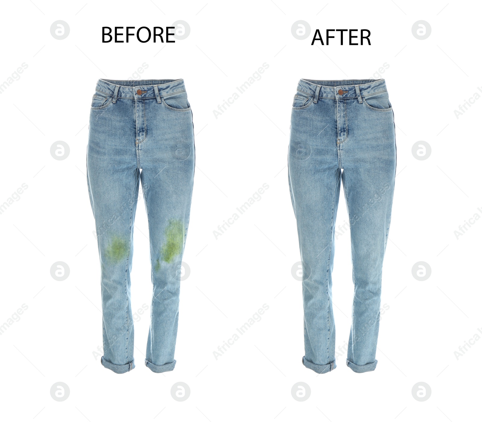 Image of Collage with dirty and clean jeans isolated on white. Before and after washing