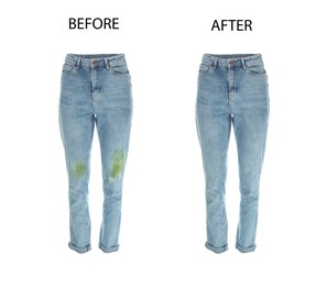 Image of Collage with dirty and clean jeans isolated on white. Before and after washing