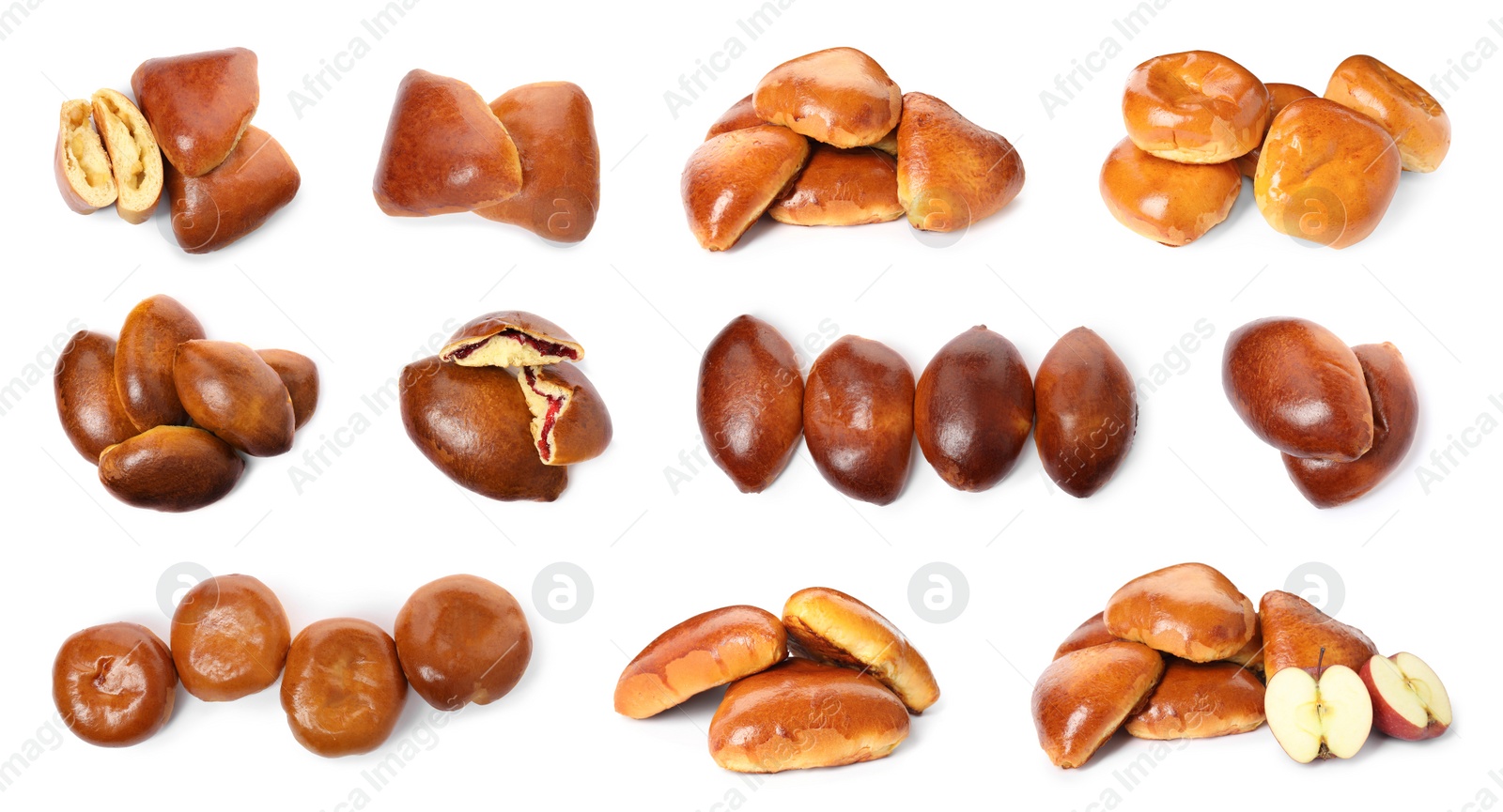 Image of Set with  delicious baked pirozhki on white background