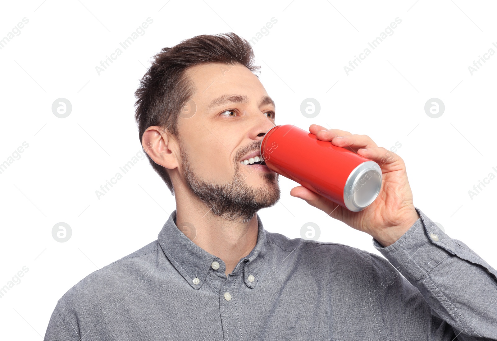 Photo of Happy man drinking from tin can on white background