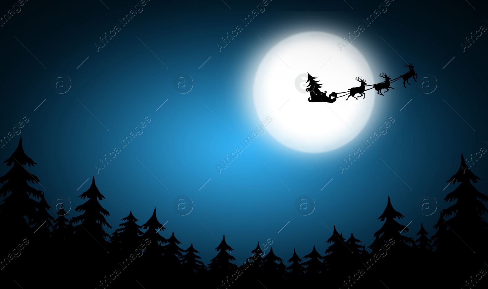 Image of Magic Christmas eve. Reindeers pulling Santa's sleigh in sky on full moon night