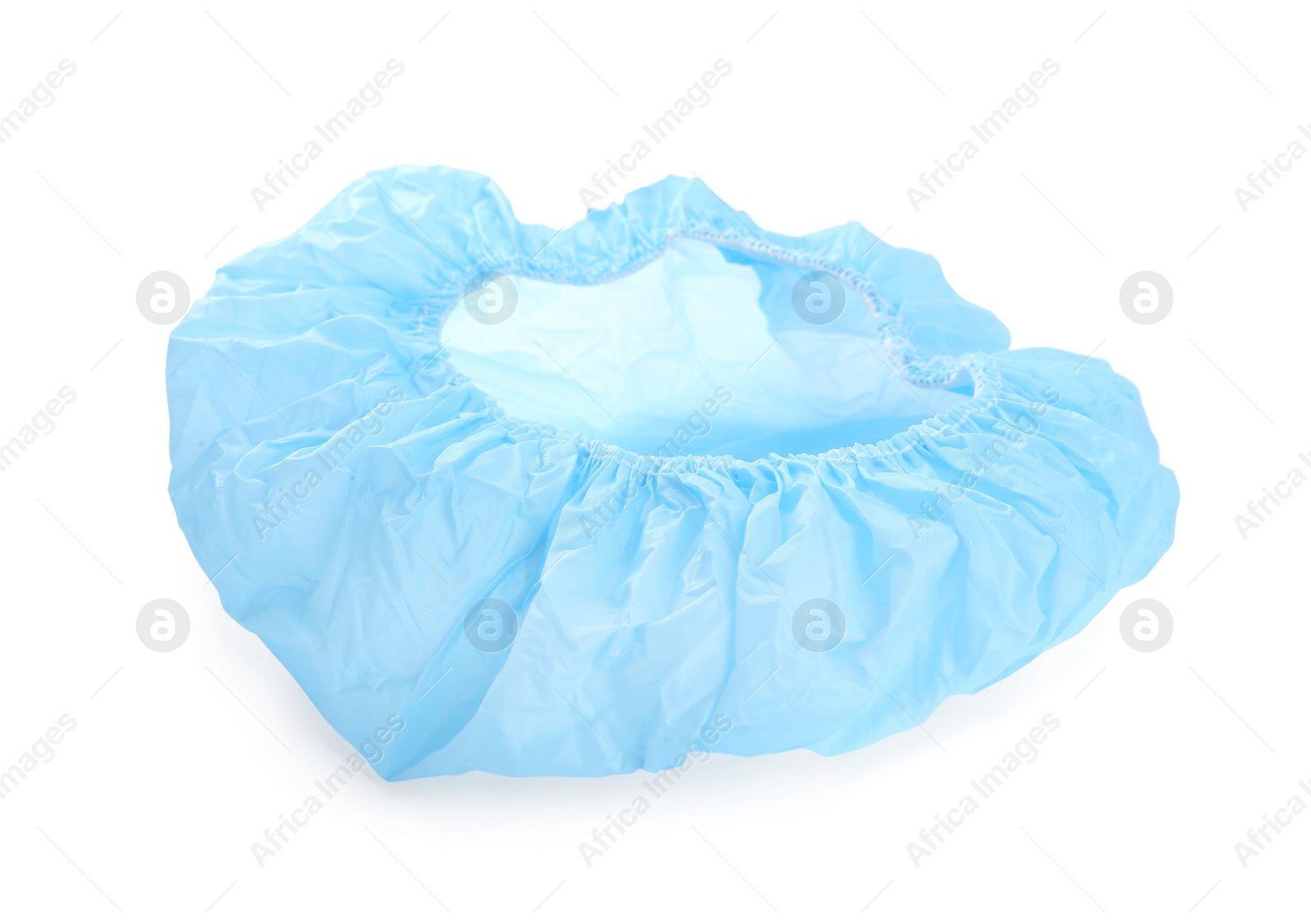 Photo of Light blue waterproof shower cap isolated on white