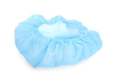 Photo of Light blue waterproof shower cap isolated on white