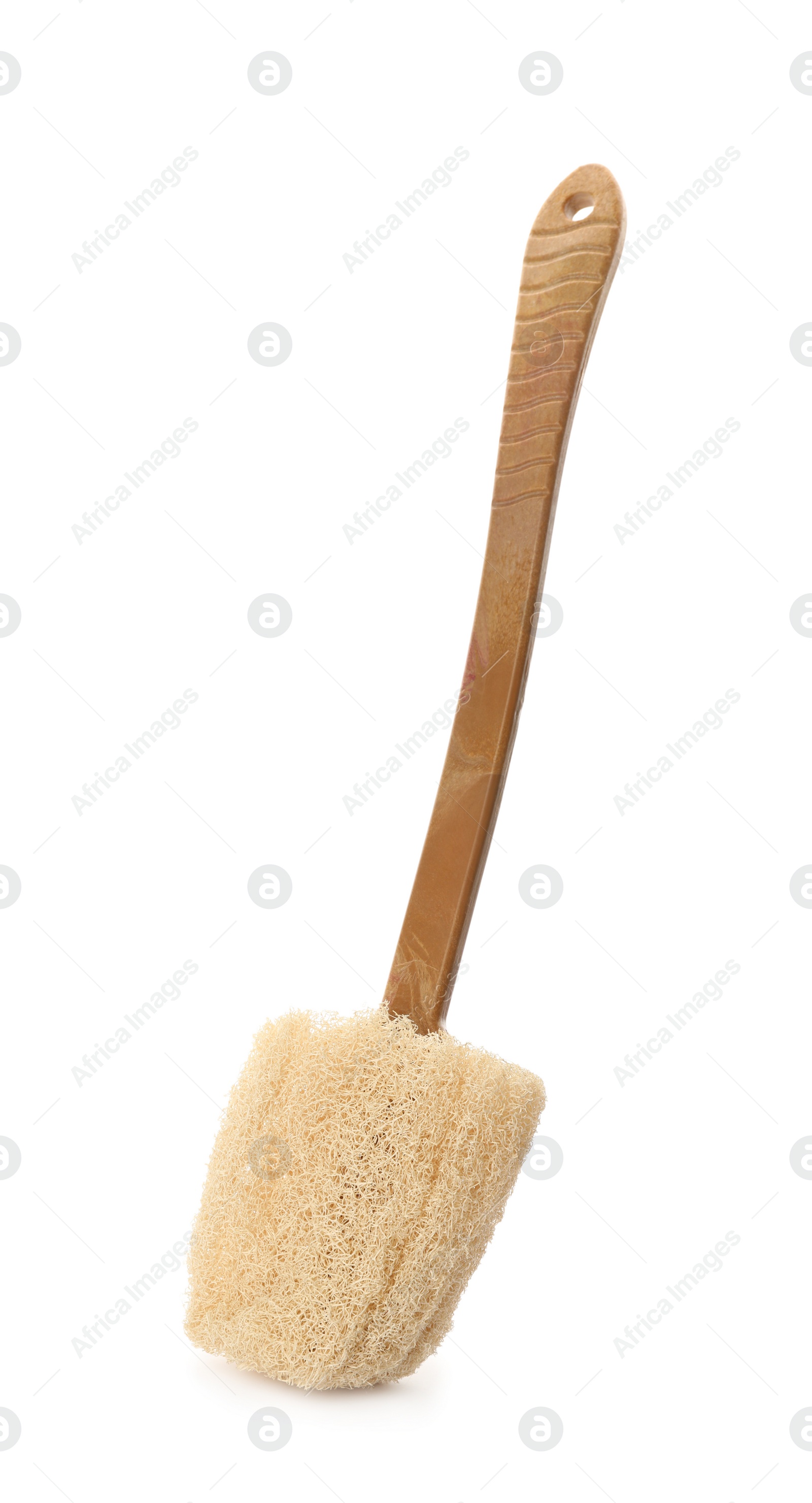 Photo of Natural loofah brush with wooden handle isolated on white