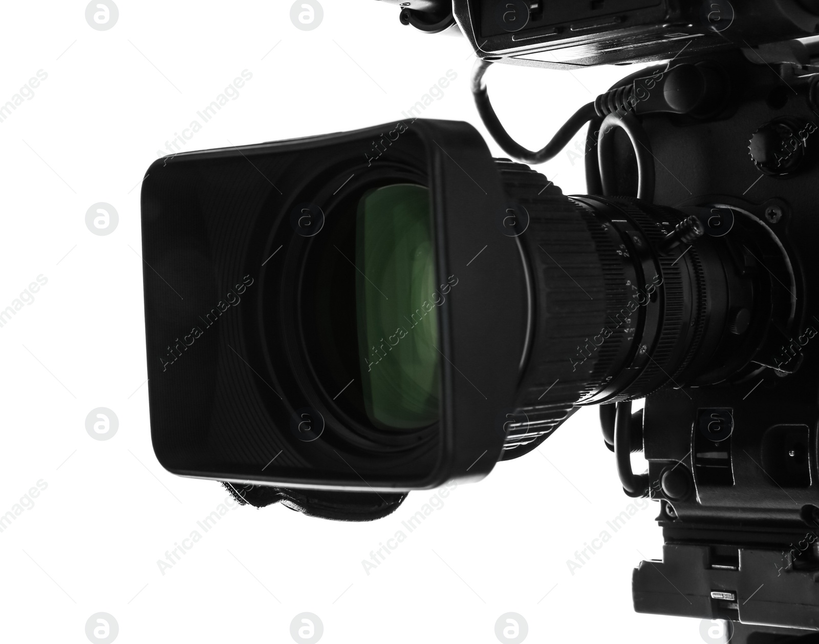 Photo of Modern professional video camera isolated on white, closeup