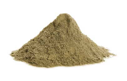 Heap of hemp protein powder on white background