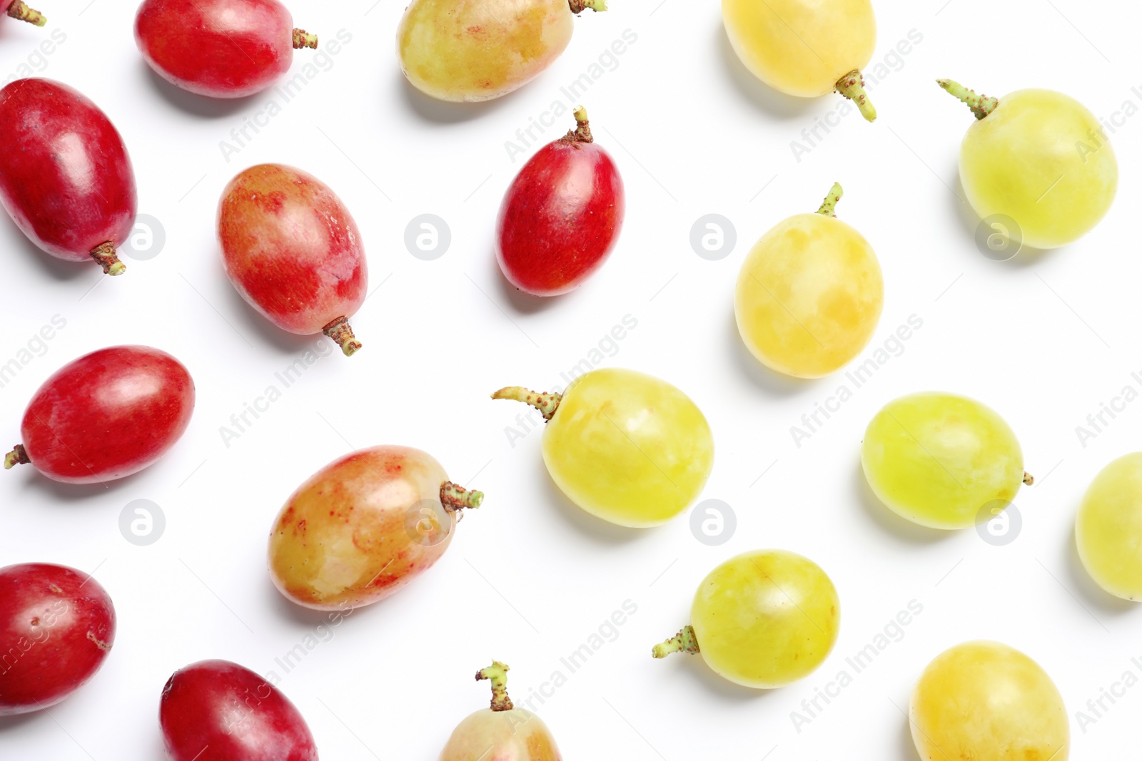 Photo of Fresh ripe juicy grapes on white background, top view