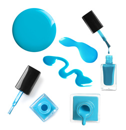 Image of Collage of light blue nail polish on white background