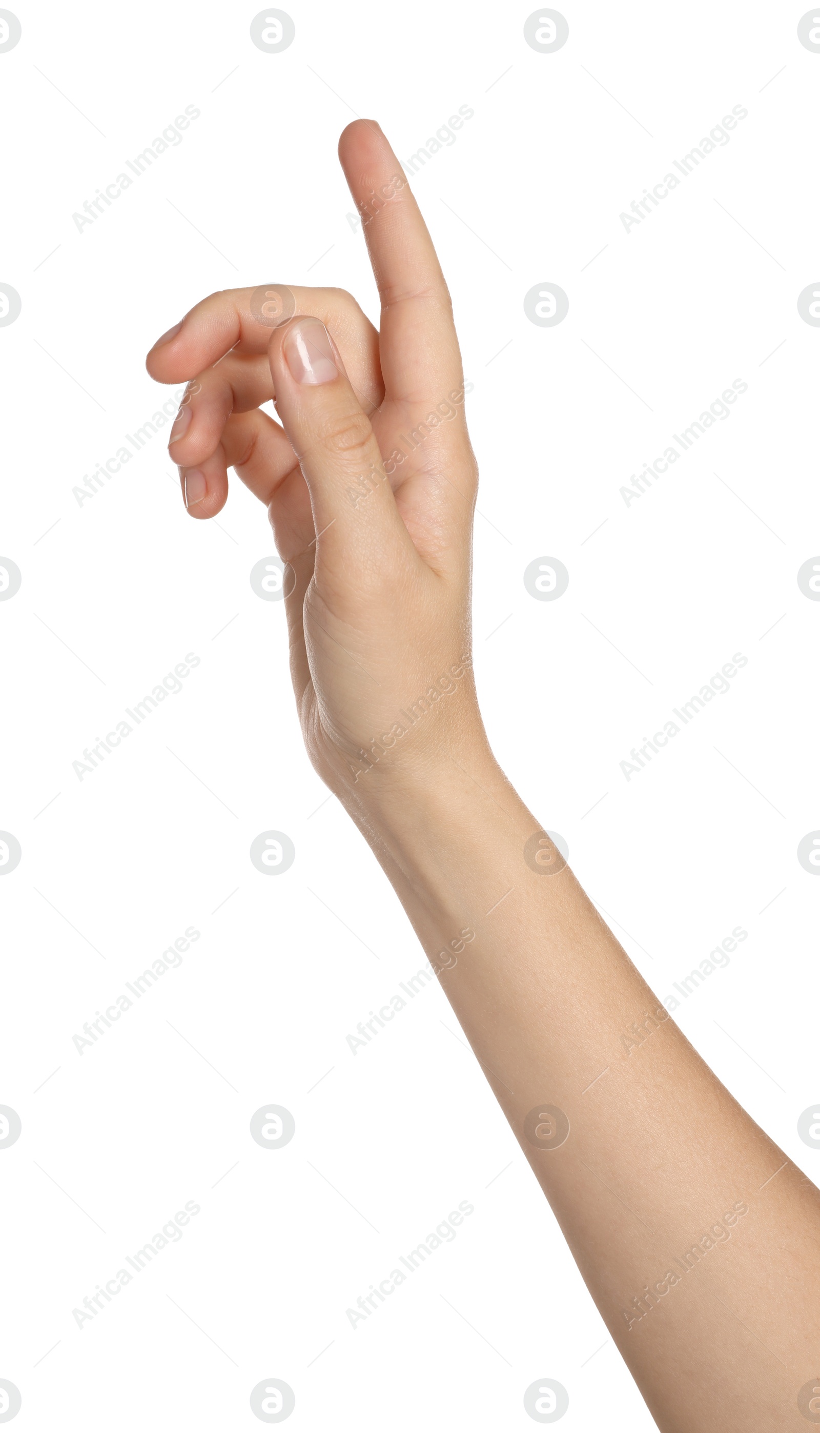 Photo of Woman pointing at something on white background, closeup of hand