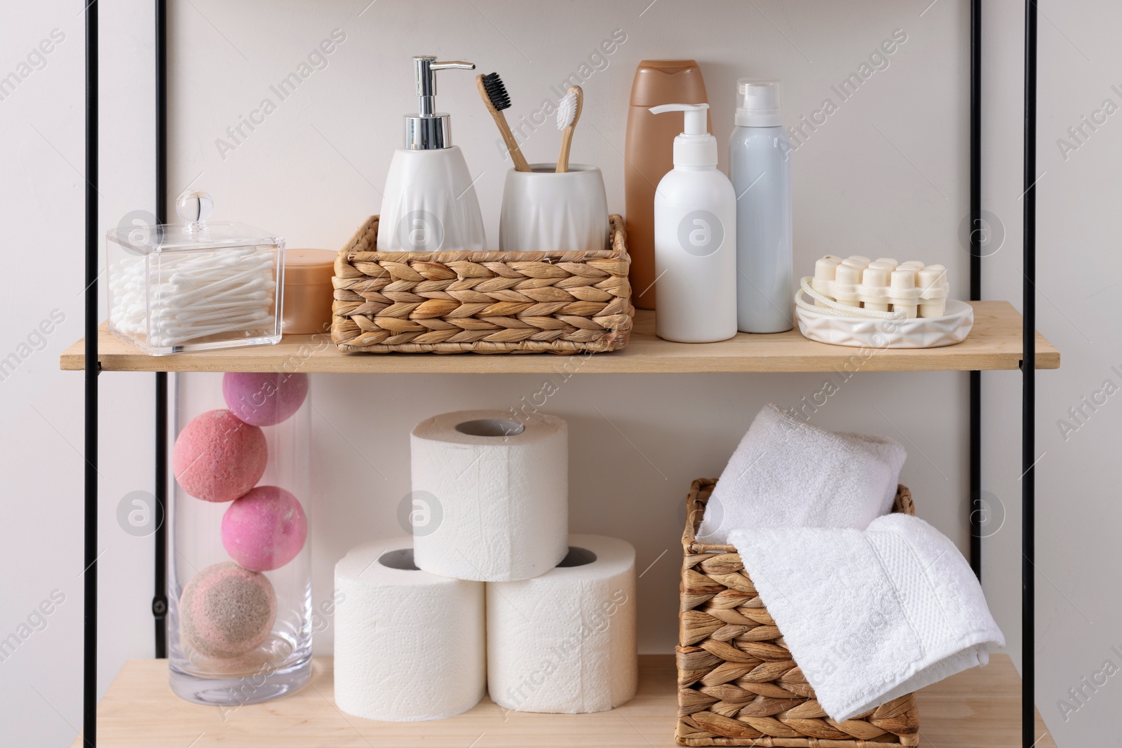 Photo of Different bath accessories and personal care products indoors