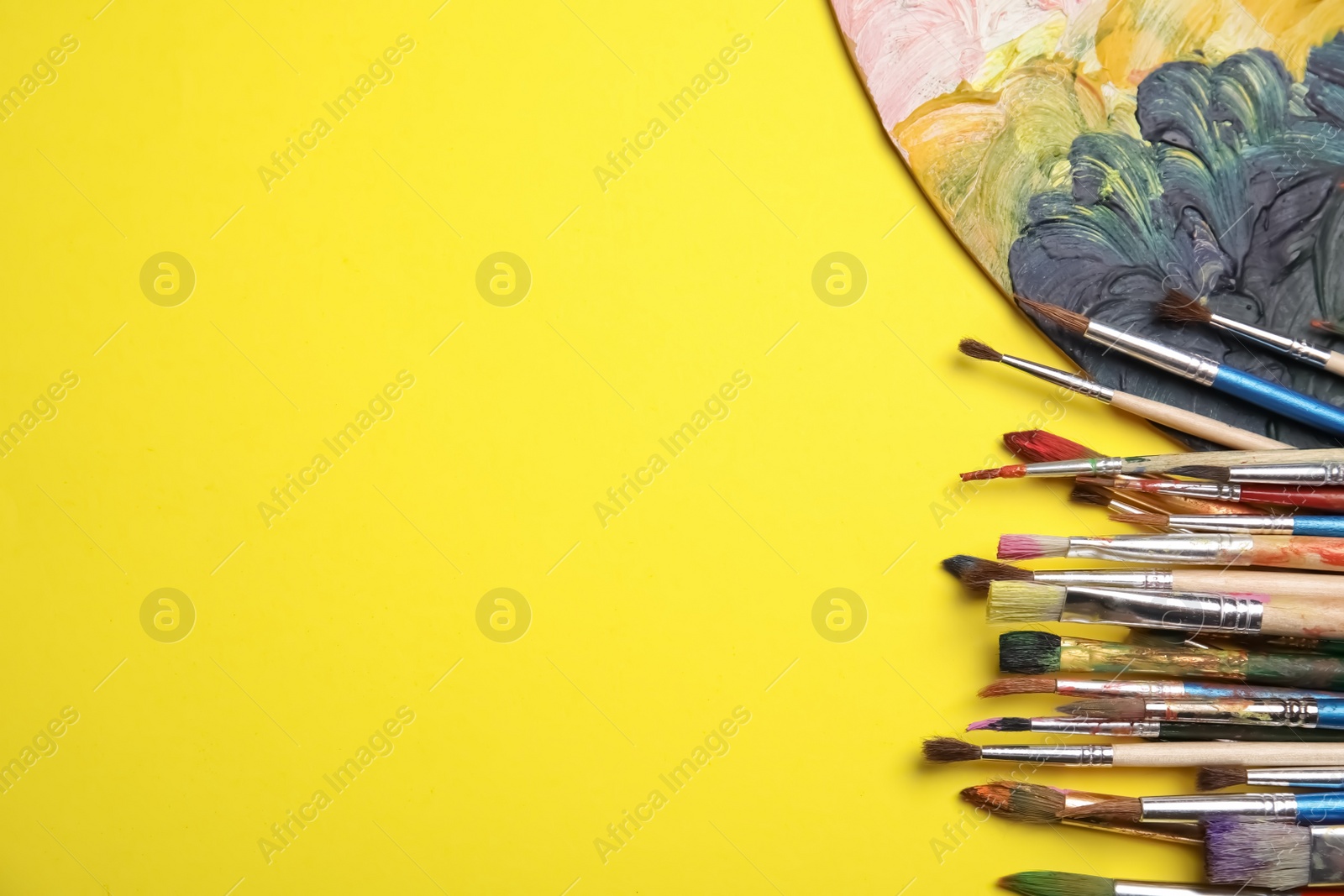 Photo of Different paint brushes and palette on color background, top view with space for text