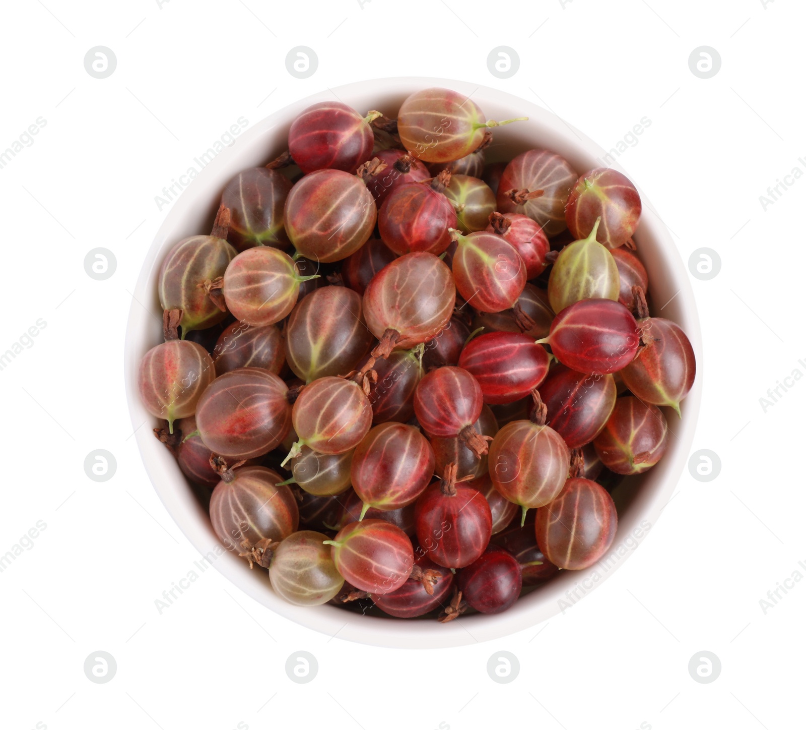 Photo of Bowl full of ripe gooseberries isolated on white, top view