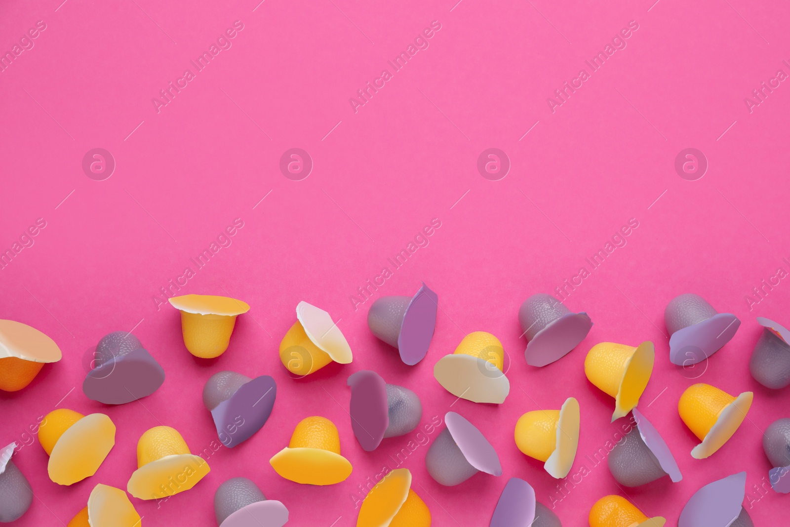 Photo of Tasty bright jelly cups on pink background, flat lay. Space for text