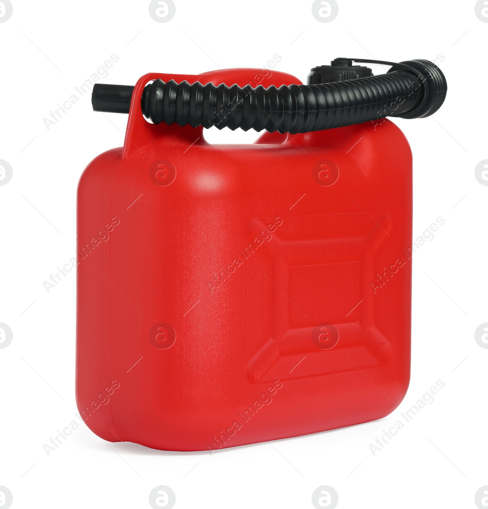 Photo of New red plastic canister isolated on white