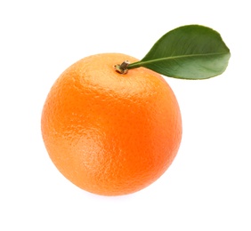 Fresh orange with green leaf on white background. Healthy fruit