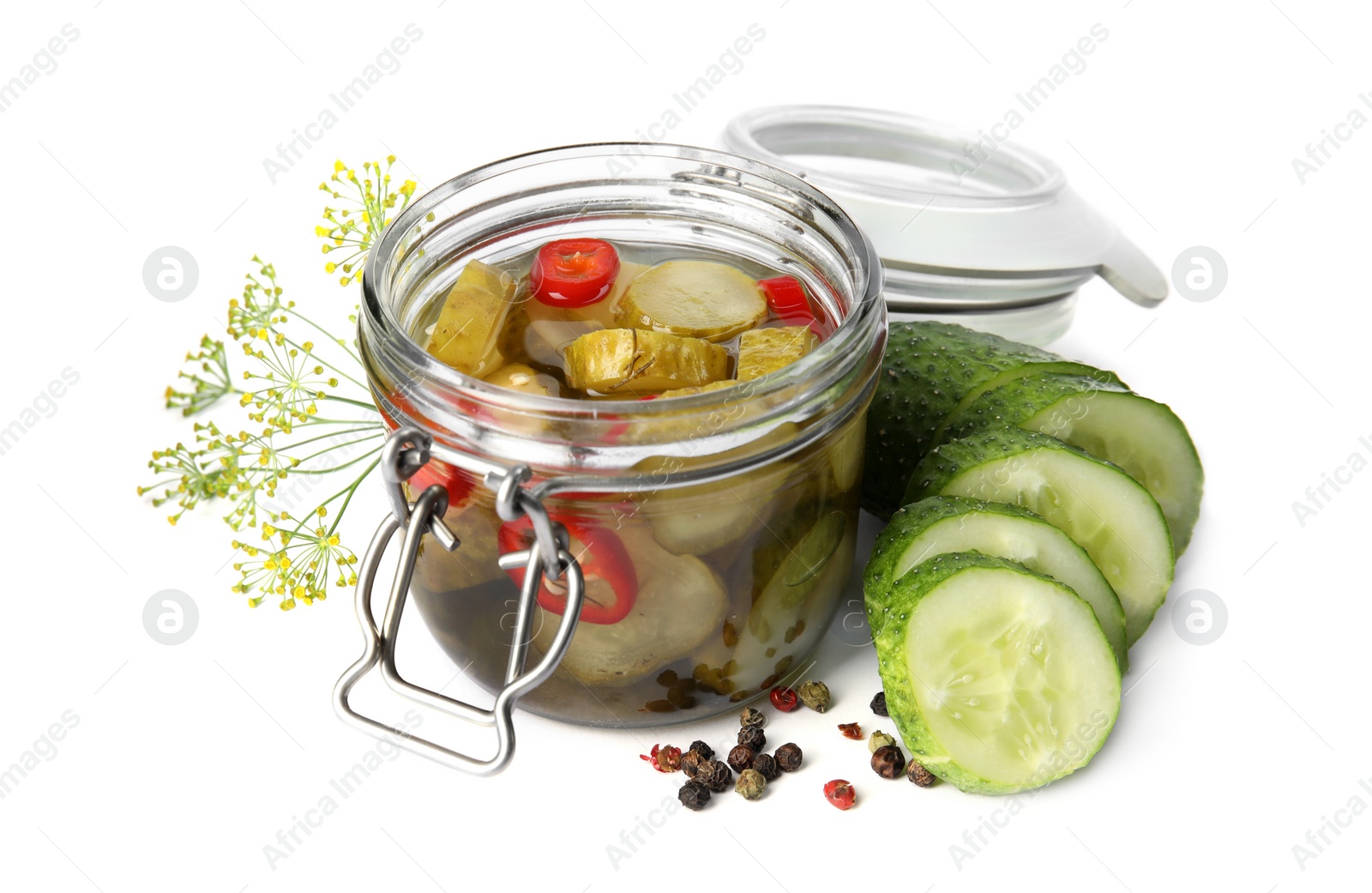 Photo of Jar with pickled cucumbers on white background