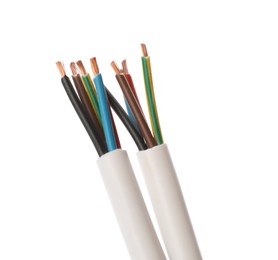 Photo of Cables with stripped wires on white background