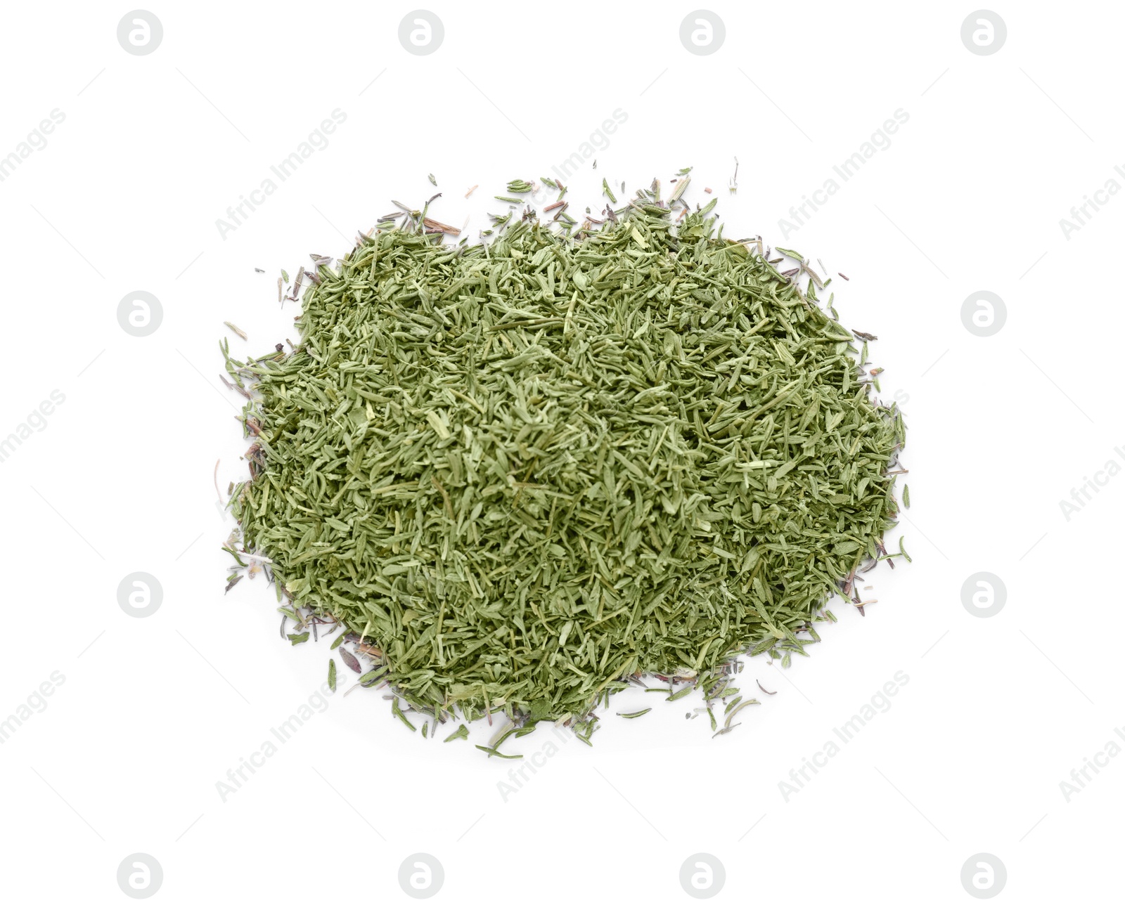 Photo of Pile of dried thyme isolated on white, top view