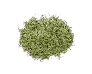 Photo of Pile of dried thyme isolated on white, top view